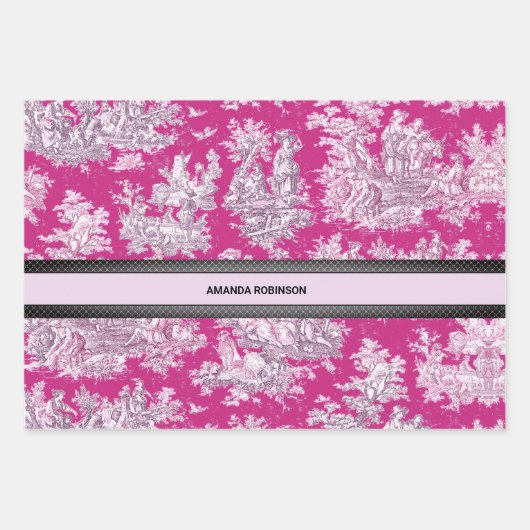 bloemenroze magenta toile de jouy monogram inpakpapier vel (Voorkant 2)