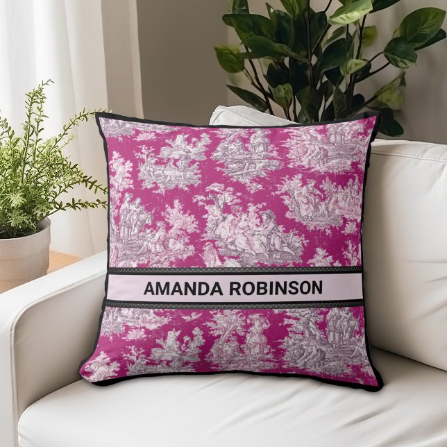  bloemenroze magenta toile de jouy monogram kussen (Creator heeft geüpload)