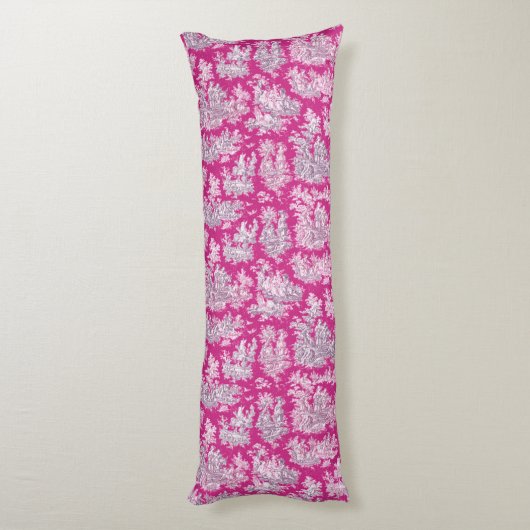  bloemenroze magenta toile de jouy monogram lichaamskussen (Achterkant (Verticaal))