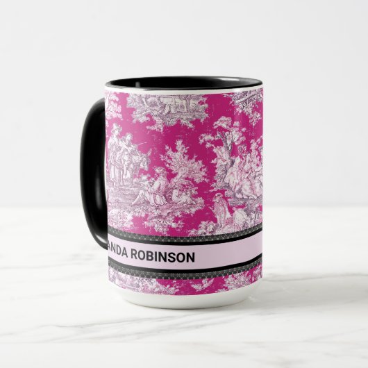 bloemenroze magenta toile de jouy monogram mok (Voorkant links)