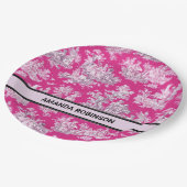 bloemenroze magenta toile de jouy monogram papieren bordje (Gekanteld)