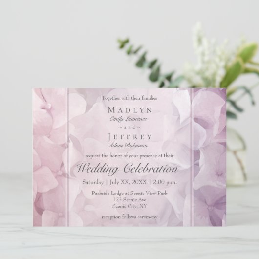 Bloemenroze Paarse Hydrangea Tuin Bruiloft Kaart (Staand voorkant)