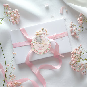 Bloemenroze zoete olifant baby meisje douche ronde sticker