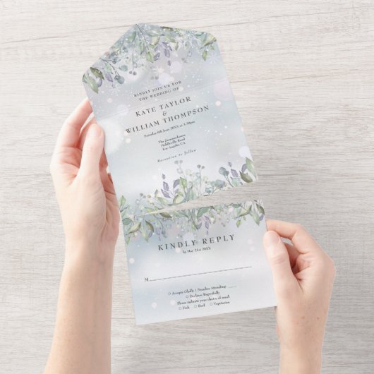 Bloemensalie en Lila Monogram Winterbruiloft All In One Uitnodiging (Afscheurbaar)