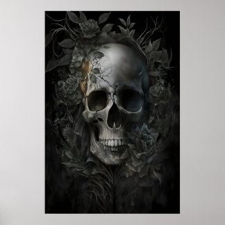 Bloemenschedel Donkere Academie, Antieke Schilderk Poster