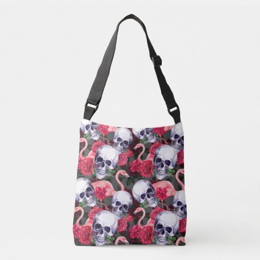 Bloemenschedel, flamingo naadloos patroon. crossbody tas (Voorkant)