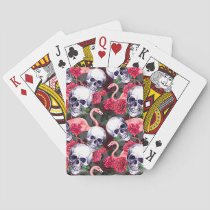 Bloemenschedel, flamingo naadloos patroon. pokerkaarten