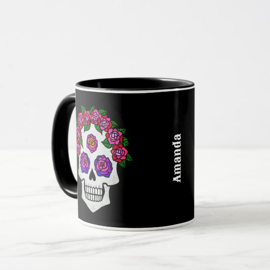 Bloemenschedel met Rozen Custom Name Halloween Mok (Voorkant links)