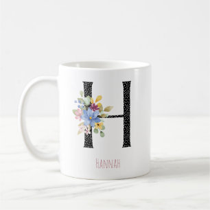 Bloemenschildering in waterverf H-monogram naam Zw Koffiemok