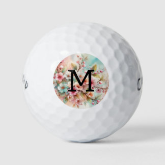 Bloemenschildering in waterverf met monogram roze golfballen