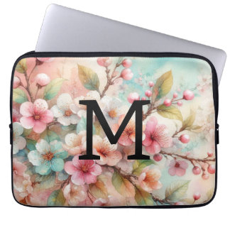 Bloemenschildering in waterverf met monogram roze laptop sleeve