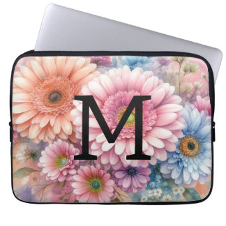 Bloemenschildering in waterverf met monogram roze laptop sleeve