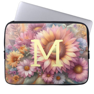 Bloemenschildering in waterverf monogram roze gele laptop sleeve