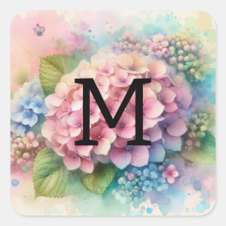 Bloemenschildering in waterverf monogram roze hort vierkante sticker