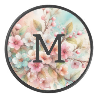 Bloemenschildering in waterverf monogram roze kers hockey puck