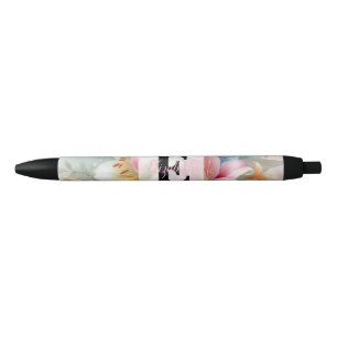 Bloemenschildering in waterverf monogram roze leli zwarte inkt pen