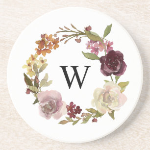 Bloemenschildering Krans Monogram Wit Zandsteen Onderzetter