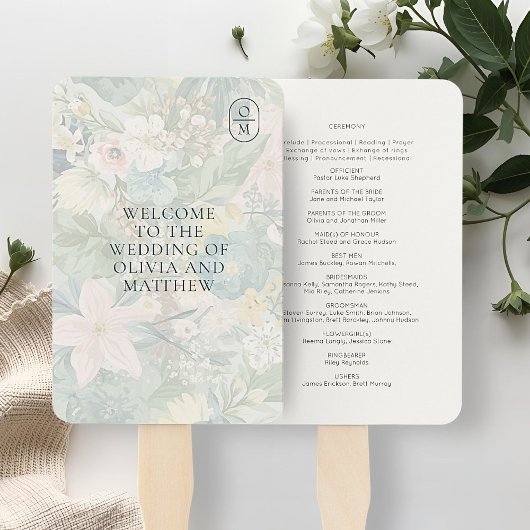 Bloemenschildering Monogram Huwelijksprogramma  Handwaaier