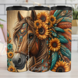 Bloemenschildering Paard Zonnebloem Veer Versierin Thermosbeker