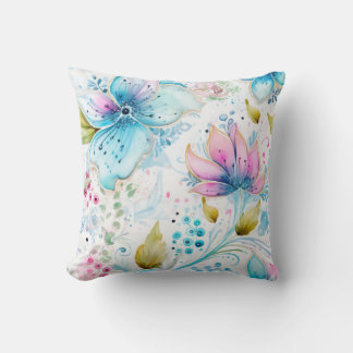Bloemenschildering Roze & Blauw in Waterverf Kussen