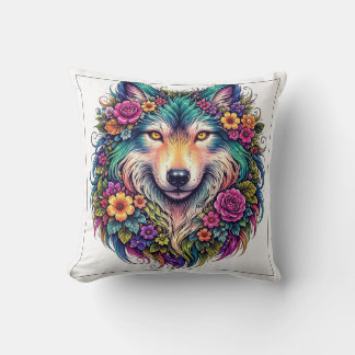 Bloemenschildering Wolf Kussen – Boho Natuur Diere