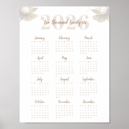 Bloemenschrift 2026 Eén pagina kalender Elegant  Poster (Voorkant)