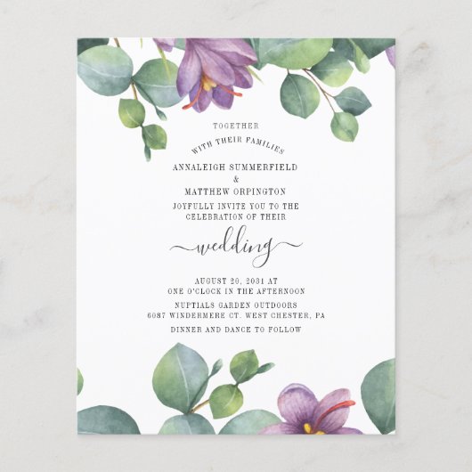 Bloemenscript Eucalyptus Trouwuitnodiging op budge (Voorkant)