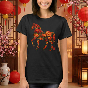 Bloemensilhouet van een paard Chinese botanische k T-shirt
