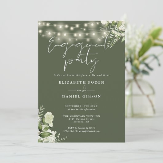 Bloemenslingerlichten Olijfgroen Verlovingsfeest Kaart (Staand voorkant)