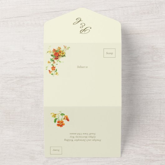 Bloemenspray Sinaasappel en Geel Bruiloft All In One Uitnodiging (Buitenkant)
