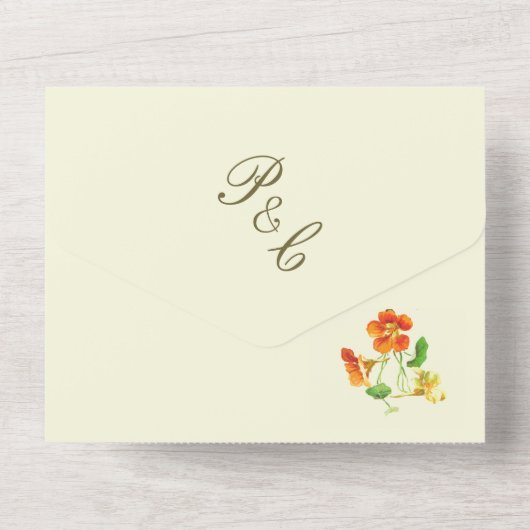  Bloemenspray Sinaasappel en Geel Bruiloft All In One Uitnodiging (Achterkant)