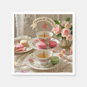 Bloementafel, theekopjes, trays macarons queen servet