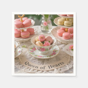 Bloementafel, theekopjes, trays macarons queen servet
