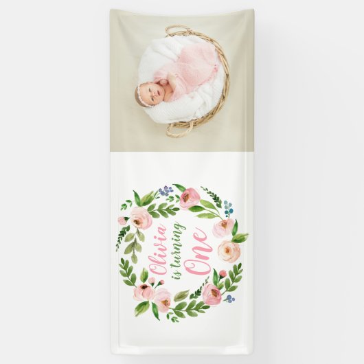 Bloementuin 1e verjaardag meisje foto spandoek (Verticaal)