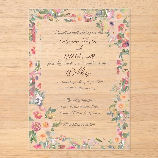 Bloementuin Acryl Clear Wedding Invitation Uitnodigingen (Voorkant)