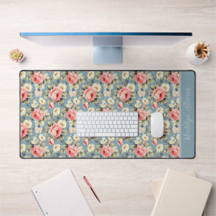 Bloementuin Bloemen Stof Blauw Monogram Naam Bureaumat