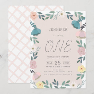 Bloementuin Blush Roze GIrl 1e verjaardag Kaart