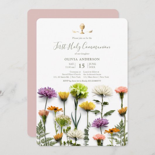 Bloementuin eerste communie uitnodiging (Voorkant / Achterkant)