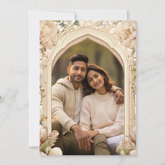 Bloementuin indiase paleis bruiloft foto save the date (Achterkant)