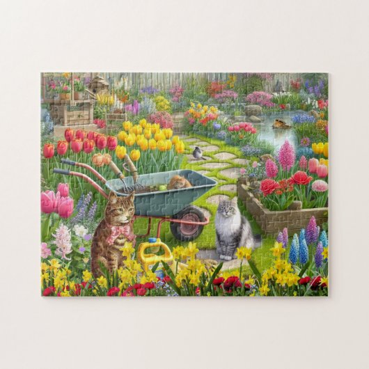Bloementuin met katten / kattenliefhebber legpuzzel (Horizontaal)