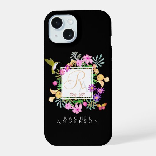Bloementuin Monogram Zwart iPhone 15 Hoesje (Achterkant)
