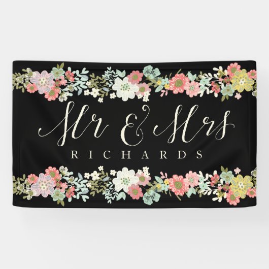 Bloementuin Mr & Mrs Huwelijk Script Banner (Horizontaal)
