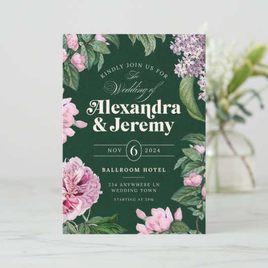 Bloementuin roze & groen bruiloft uitnodiging (Staand voorkant)