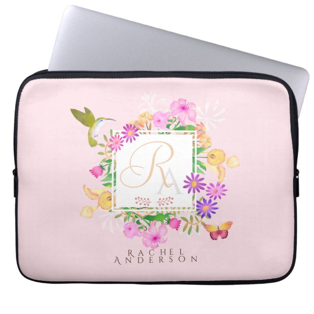 Bloementuin roze monogram laptop sleeve (Voorkant)