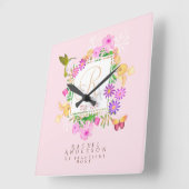Bloementuin roze monogram vierkante klok (Hoek)