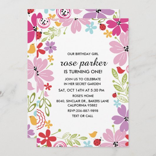 Bloementuin verjaardagsfeestje uitnodiging (Voorkant / Achterkant)