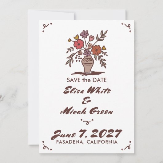 Bloemenvaas rustieke grillige schets aangepaste fo save the date (Voorkant)