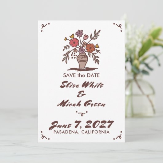 Bloemenvaas rustieke grillige schets aangepaste fo save the date (Staand voorkant)