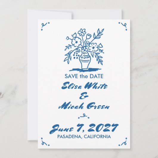 Bloemenvaas rustieke grillige schets blauw foto save the date (Voorkant)