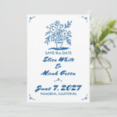 Bloemenvaas rustieke grillige schets blauw foto save the date (Staand voorkant)